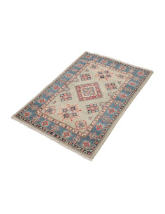Handmade Afghan Kazak rug in wool with traditional geometric patterns. Blue, beige, and red colors. Ideal for stylish decor. 2