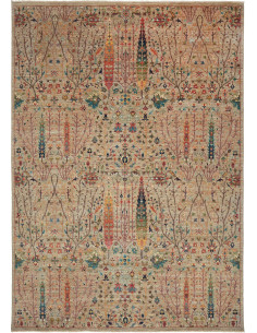 Shahi Fine rug from Pakistan in hand-carded wool. Tree of life design on beige background, multicolor. Quality 250,000-300,000 k