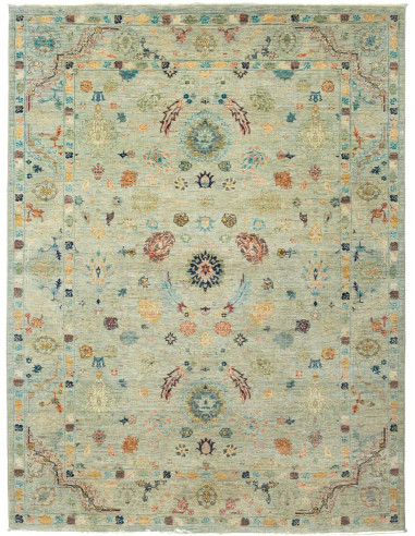 Shahi Fine wool rug from Pakistan. Stylized floral design on an aqua background, vintage effect. Perfect for elegant and traditi