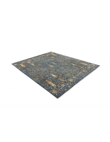 Shahi Fine Pakistan hand-carded wool rug. All-over floral design, petrol blue, gold and green, with abrash effect. Artisan quali