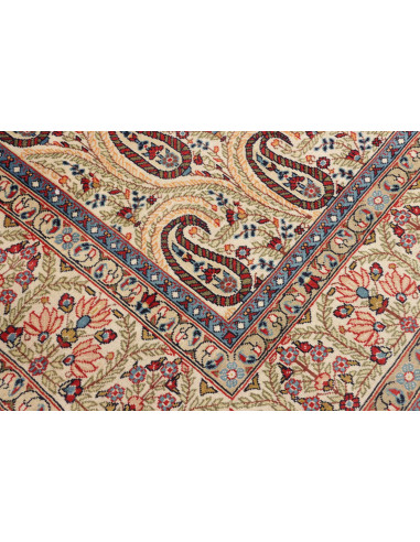 Persian Ghom rug with all-over boteh pattern, hand-carded wool on cotton. Cream, red, and blue colors. A traditional art piece f