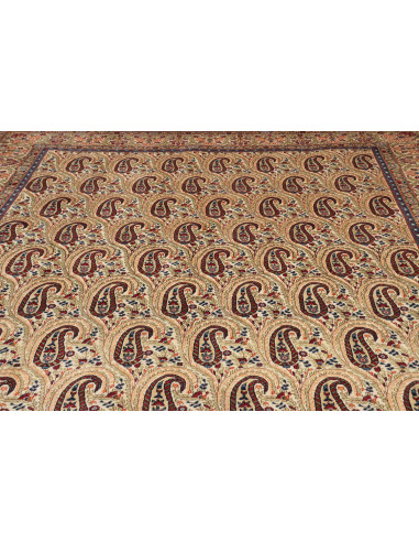 Persian Ghom rug with all-over boteh pattern, hand-carded wool on cotton. Cream, red, and blue colors. A traditional art piece f