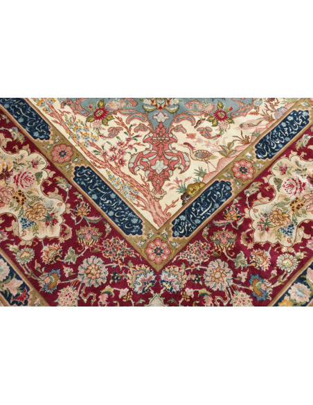 Classic Persian Tabriz 70 Raj rug. Floral central medallion on deep blue field, terracotta red borders. Cork wool and silk, high