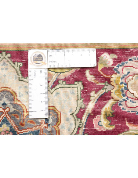 Classic Persian Tabriz 70 Raj rug. Floral central medallion on deep blue field, terracotta red borders. Cork wool and silk, high