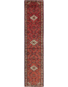 Authentic Persian Hamadan runner. Geometric design with medallions, red, cream, brown colors. Hand-carded wool, durable and resi