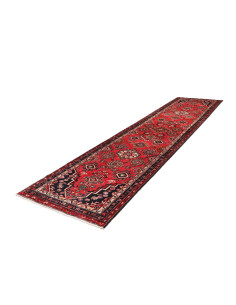 Tribal Persian Hamadan runner. Hand-carded wool with geometric all-over design in red, blue, and beige. Perfect for hallways and 2