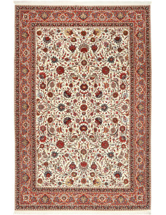 Scopri il tappeto persiano Ilaam in lana e seta con raffinato disegno floreale avorio e rosso. Alta densità, origine persiana. E