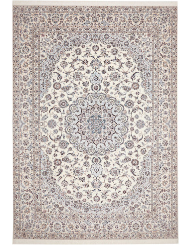 Nain 6La Persian rug in wool and silk. Floral medallion design on ivory field. Premium quality.