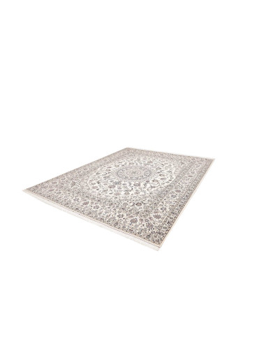 Authentic Persian Nain 6La rug in wool and silk. Elegant central medallion, floral motifs, cream, blue, grey colors. Superior qu
