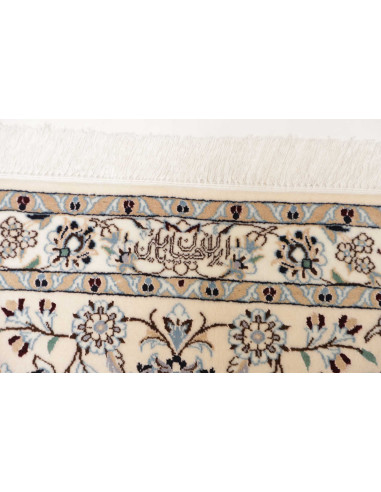 Authentic Persian Nain 6La rug in wool and silk. Elegant central medallion, floral motifs, cream, blue, grey colors. Superior qu