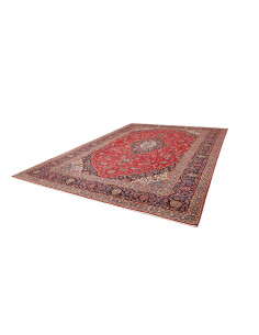 Tappeto Ardakan persiano classico con medaglione centrale e motivi floreali. Lana cardata a mano nei colori rosso, blu scuro e a 2