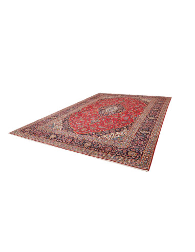 Tappeto Ardakan persiano classico con medaglione centrale e motivi floreali. Lana cardata a mano nei colori rosso, blu scuro e a