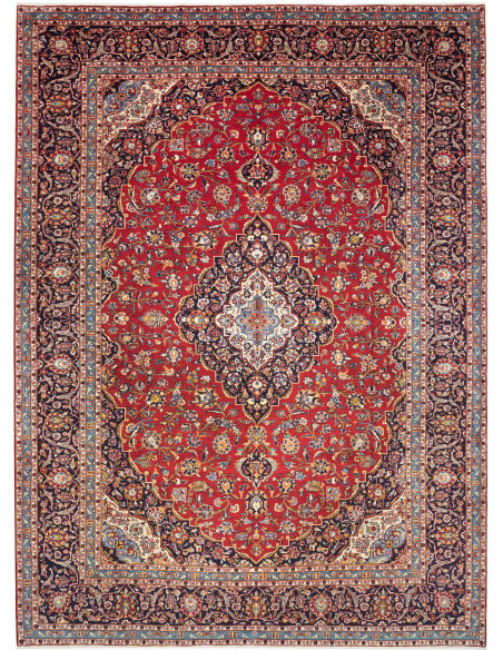 Tappeto Ardakan persiano rosso e blu, in lana cardata a mano. Medaglione centrale floreale, alta densità nodi. Acquista un class