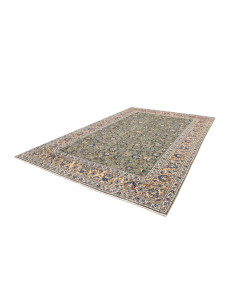 Persian Kashan wool rug, with a classic all-over floral design. Sage green field, cream border. Perfect for elegant home decor. 2