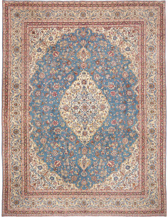 Beautiful Persian Kashan wool rug featuring a central medallion and rich floral motifs on a light blue field. Classic elegance f