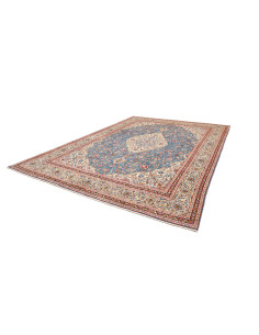 Beautiful Persian Kashan wool rug featuring a central medallion and rich floral motifs on a light blue field. Classic elegance f 2