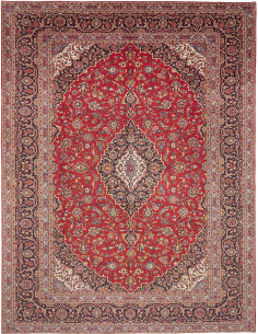 Red and blue Persian Ardakan rug with floral medallion. Hand-carded wool for classic and durable elegance.
