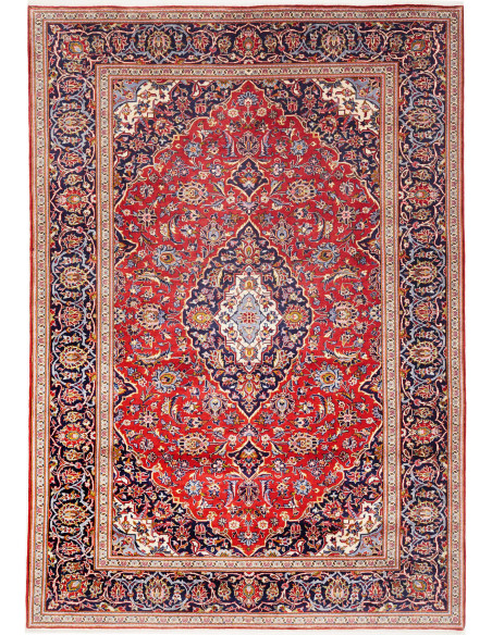 Original Persian Ardakan rug, red field, blue medallion. Hand-carded wool, hand-knotted. Classic floral elegance.