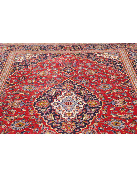 Original Persian Ardakan rug, red field, blue medallion. Hand-carded wool, hand-knotted. Classic floral elegance.