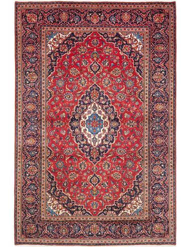 Authentic Ardakan Persian rug, hand-carded wool. Classic medallion design in red and blue. Timeless handcrafted beauty.