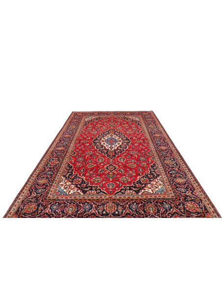 Authentic Ardakan Persian rug, hand-carded wool. Classic medallion design in red and blue. Timeless handcrafted beauty.