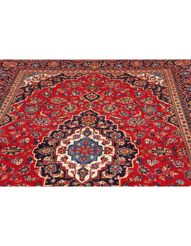 Authentic Ardakan Persian rug, hand-carded wool. Classic medallion design in red and blue. Timeless handcrafted beauty.