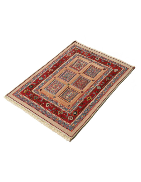 Acquista il tappeto persiano Nimbaft. Lana cardata a mano, design tribale con motivi geometrici terracotta, rosso, azzurro. Aute