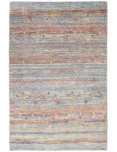 Tappeto Royal Gabbeh dal Pakistan. Stile moderno a righe con motivi geometrici. Lana cardata a mano. Colori azzurro, beige, ross