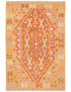 Scopri questo Kilim Afgano autentico in lana cardata a mano. Design geometrico vivace con rombo centrale nei toni di giallo, ara