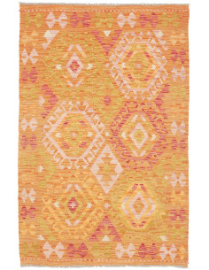 Kilim Afghano arancione in lana cardata a mano. Motivi geometrici a rombi per un tocco etnico e caldo. Perfetto per decorare la 