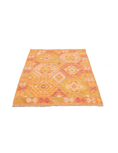 Kilim Afghano arancione in lana cardata a mano. Motivi geometrici a rombi per un tocco etnico e caldo. Perfetto per decorare la  2