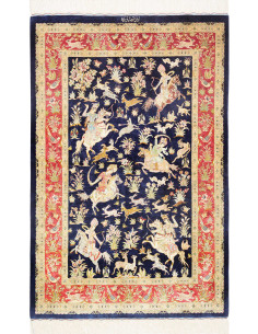 Tappeto Ghom seta Persia con scena di caccia. Blu notte, rosso, oro. Annodato a mano, 800.000-900.000 nodi/mq. Lusso persiano.