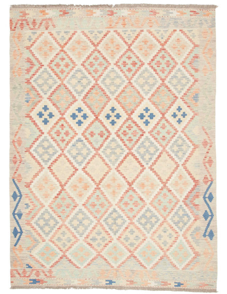 Rug Killim 150x202 Cream With Coral Light Blue