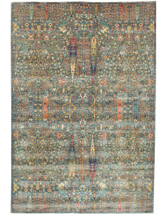 Tappeto Shahi Fine pakistano in lana cardata a mano. Design floreale a tutto campo su sfondo verde petrolio, colori vivaci, abra