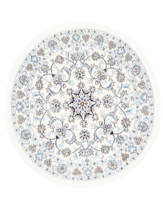 Round Nain Kashmar rug, Persia. Cream and light blue floral design in wool and silk. Authentic Persian elegance.