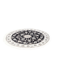 Round Persian Nain Kashmar rug in wool and silk. Classic medallion design, black, ivory, and grey colors. Artisanal elegance. 2