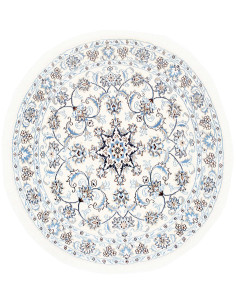 Round Nain Kashmar rug, cream and light blue. Made of wool and silk from Persia. Classic floral design.