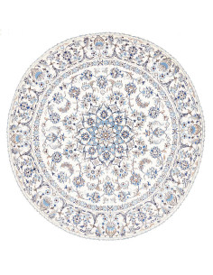 Round Nain Kashmar wool and silk rug. Floral white, light blue, blue design. Origin Persia. Density 160,000-200,000 knots/sqm.