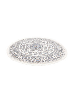 Persian Nain Kashmar round rug, cream and blue, with floral medallion. Hand-knotted wool and silk, high density, classic eleganc 2