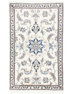 Persian Nain Kashmar rug in wool and silk. Floral design with medallion on ivory and blue background. Handcrafted quality from P