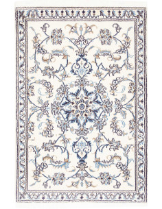 Persian Nain Kashmar rug: floral medallion, wool and silk, ivory and blue colors. Elegance and tradition for any room.