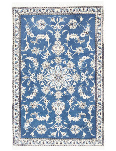 Persian Nain Kashmar rug blue, cream and grey. Floral pattern with central medallion. Hand-carded wool and silk.