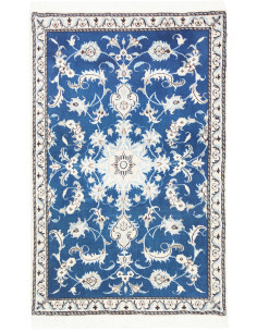 Nain Kashmar rug in wool and silk, blue and cream. A classic Persian masterpiece with a floral medallion.