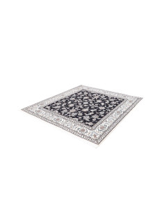 Nain Kashmar persiano quadrato in lana e seta con disegno floreale blu e crema. Eleganza classica per ogni ambiente. 2