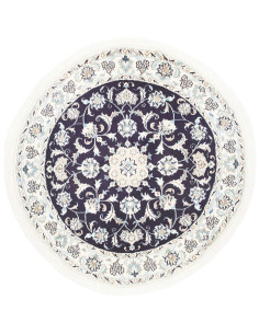Discover the round Nain Kashmar rug, hand-knotted in wool and silk with a floral medallion. Persian elegance in blue, ivory, and