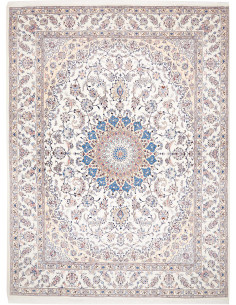 Shop the Persian Nain Kashmar wool and silk rug. Elegant ivory, blue and beige design with a floral medallion. Authentic craftsm