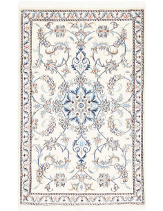 Discover the Nain Kashmar rug: a handmade Persian masterpiece in wool and silk. Features a floral medallion design in ivory, blu