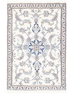 Shop Persian Nain Kashmar wool and silk rug. Classic design with medallion and floral motifs. Cream and blue colors. Origin Pers