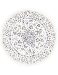 Round Persian Nain Kashmar rug in wool and silk with a floral medallion. Cream, blue, and beige colors. Refined craftsmanship fo