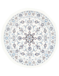 Discover the round Nain Kashmar rug from Persia. Elegant wool and silk, featuring a floral medallion in white and blue. Superior